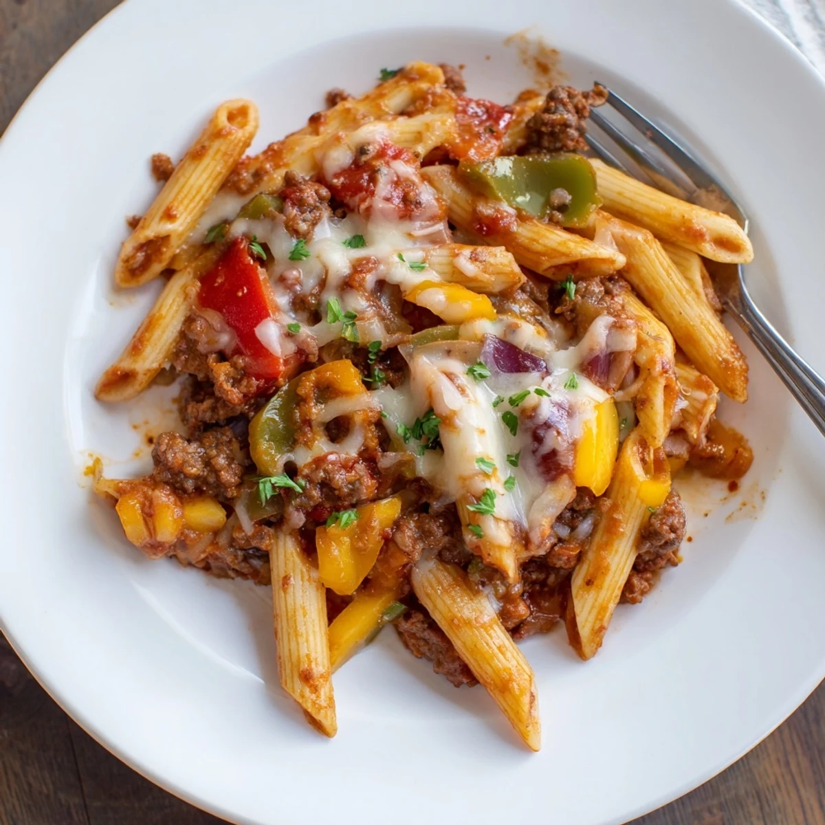 Weeknight Cheesy Stuffed Pepper Skillet Pasta bubbling in skillet, fragrant tomato sauce