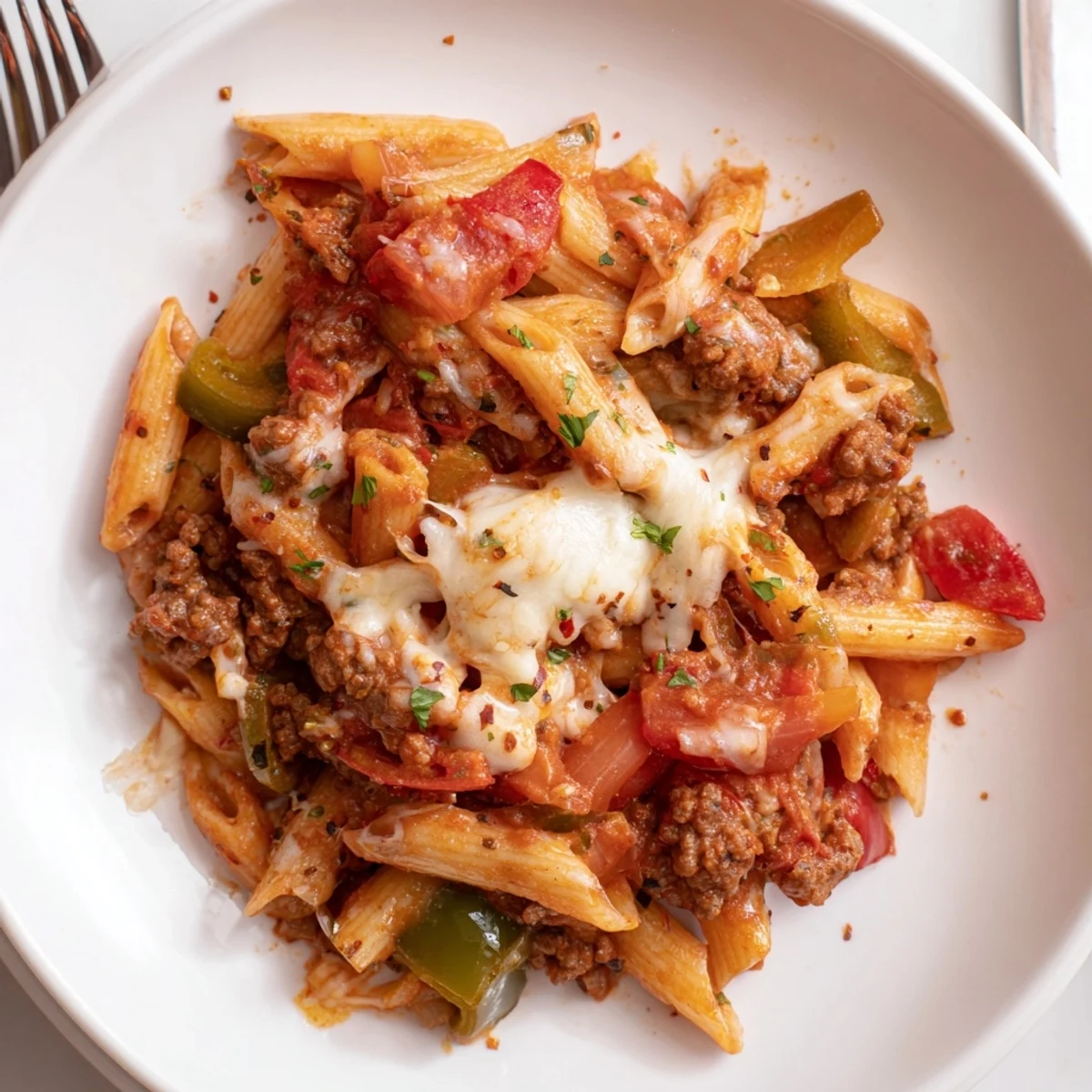 Cheesy Stuffed Pepper Skillet Pasta steaming with gooey mozzarella and vibrant peppers