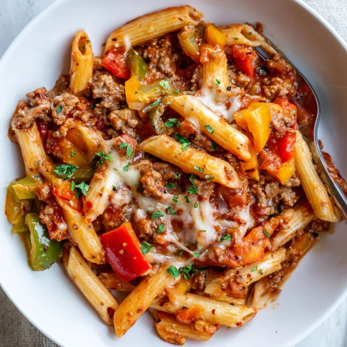 Family-style Cheesy Stuffed Pepper Skillet Pasta topped with parsley, ready to serve