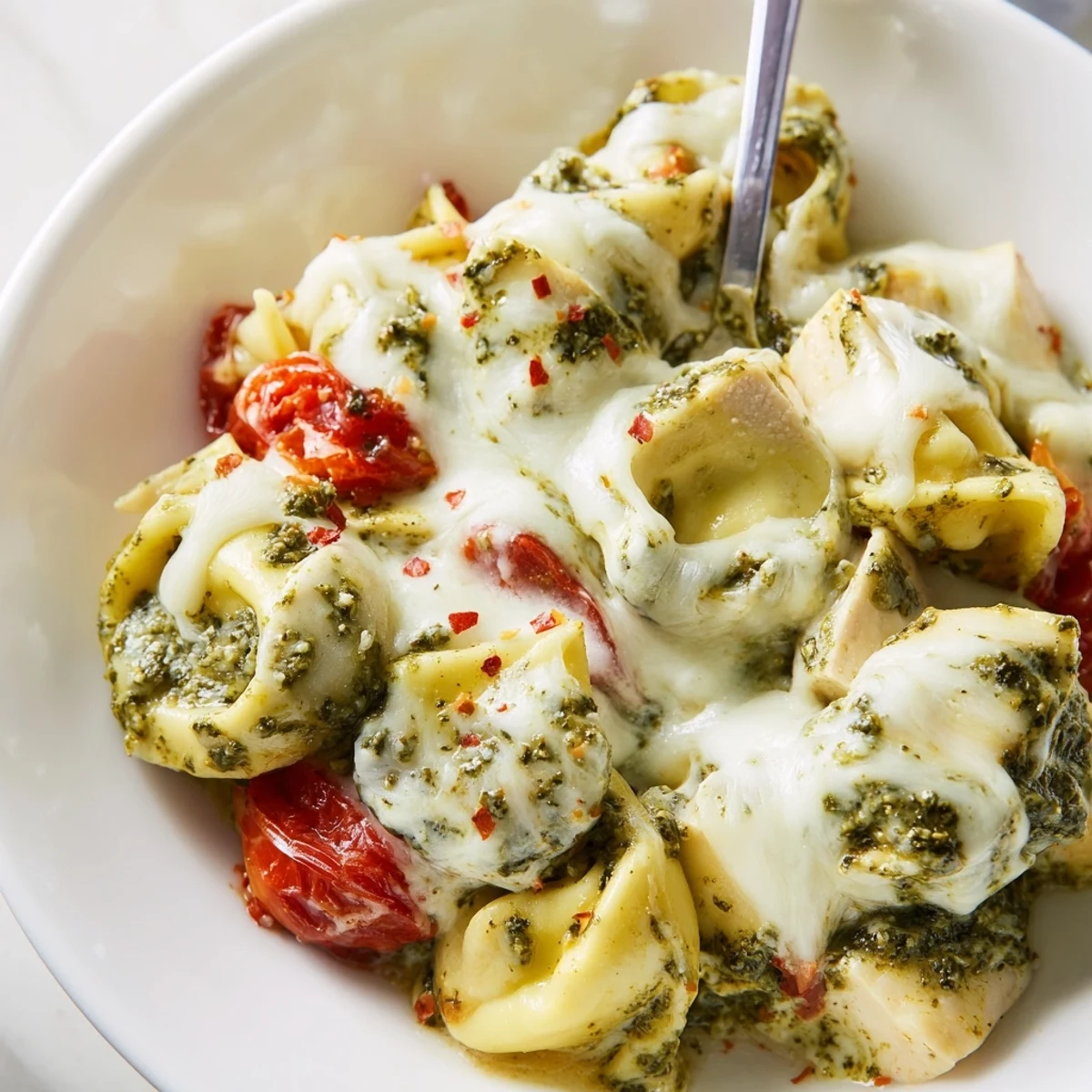 Slow Cooker Tortellini Casserole With Cheesy Chicken Pesto bubbling, served with crusty bread