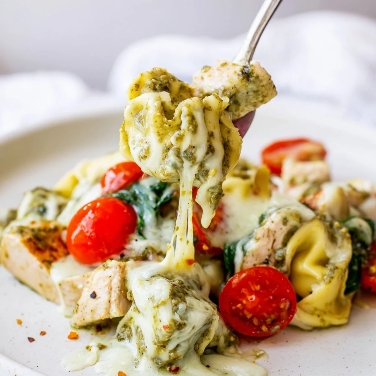 Steaming, creamy Slow Cooker Tortellini Casserole With Cheesy Chicken Pesto, basil garnish