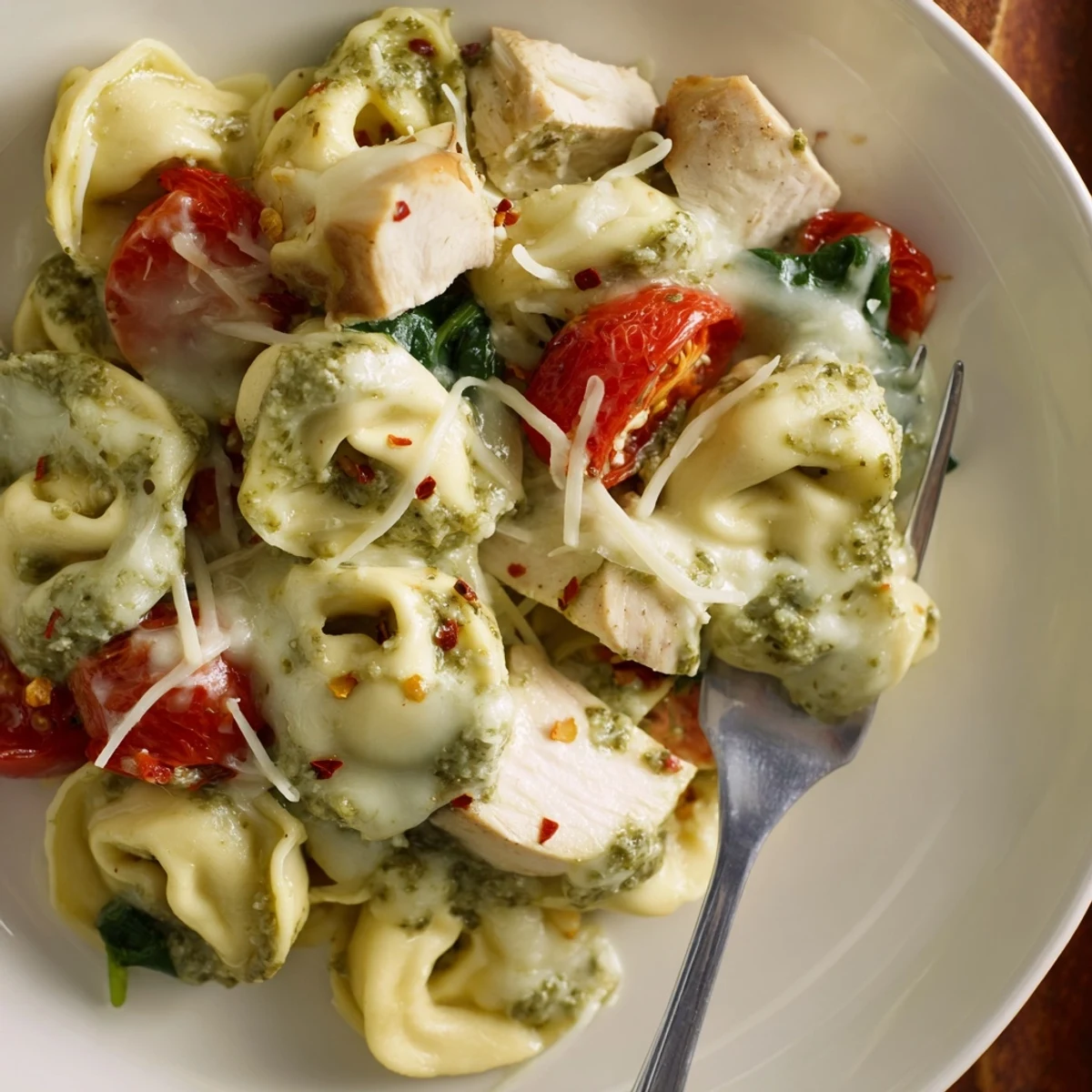 Family-style Slow Cooker Tortellini Casserole With Cheesy Chicken Pesto, fork-tender chicken