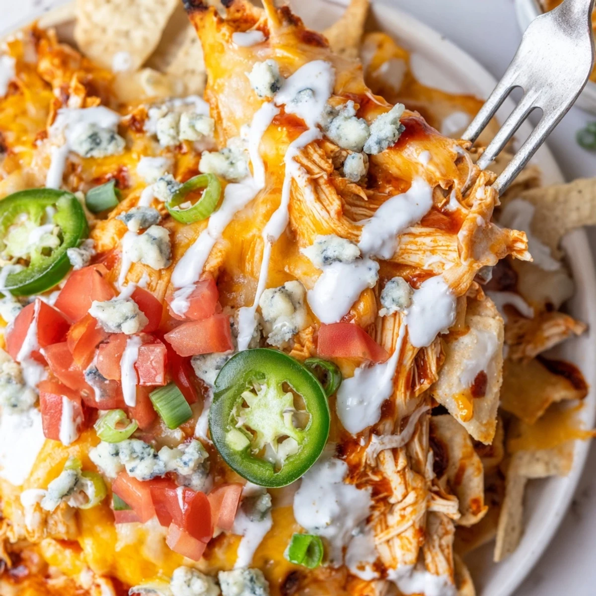 Buffalo Chicken Nachos piled bubbling with melted cheddar, drizzled ranch, sliced jalapeños