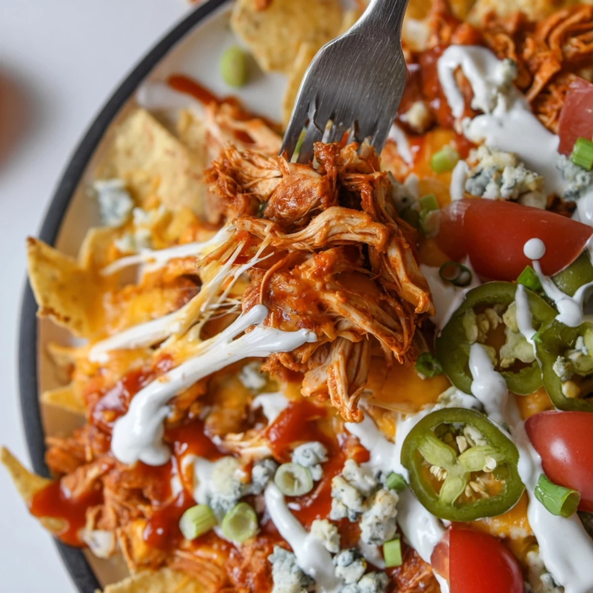 Party-ready Buffalo Chicken Nachos on a baking sheet, tangy blue cheese crumbles