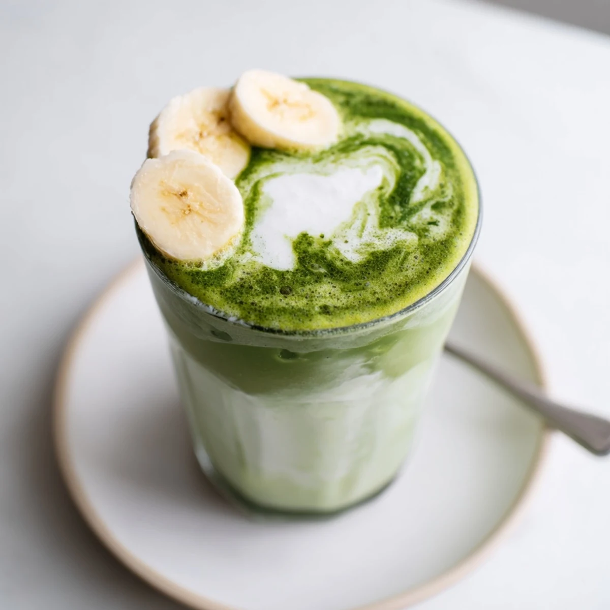 Creamy Matcha Smoothie in tall glass, vibrant green, chilled and frothy  
