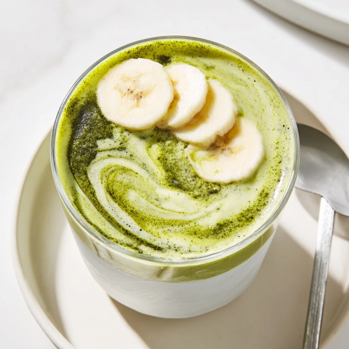 Matcha Smoothie garnished with banana slice and chia seeds, ready-to-drink  