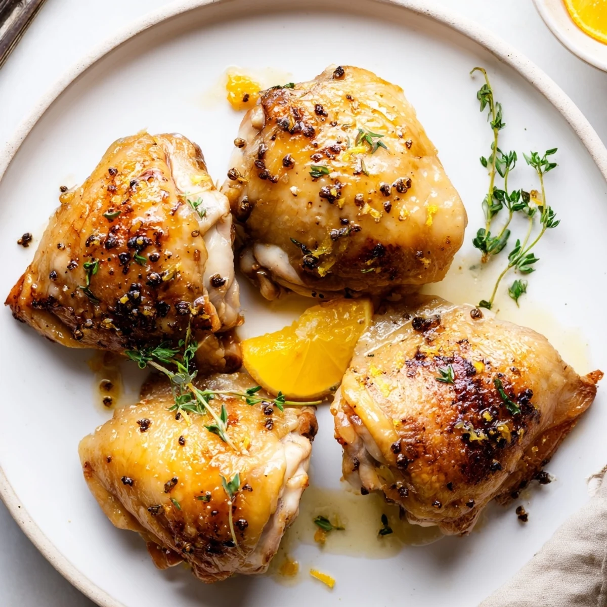 Golden roasted Lemon Pepper Chicken Thighs glistening with lemon zest and parsley