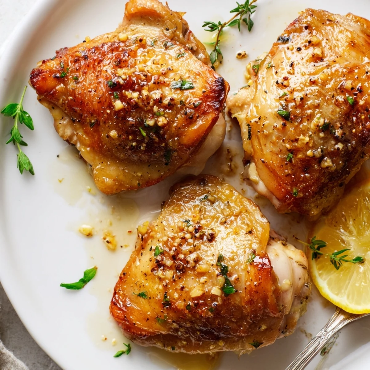 Juicy Lemon Pepper Chicken Thighs marinated in citrus, served with lemon wedges