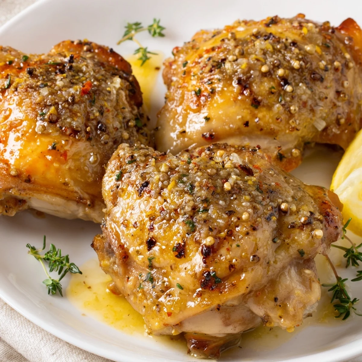 Crispy-skinned Lemon Pepper Chicken Thighs resting on parchment, ready to serve