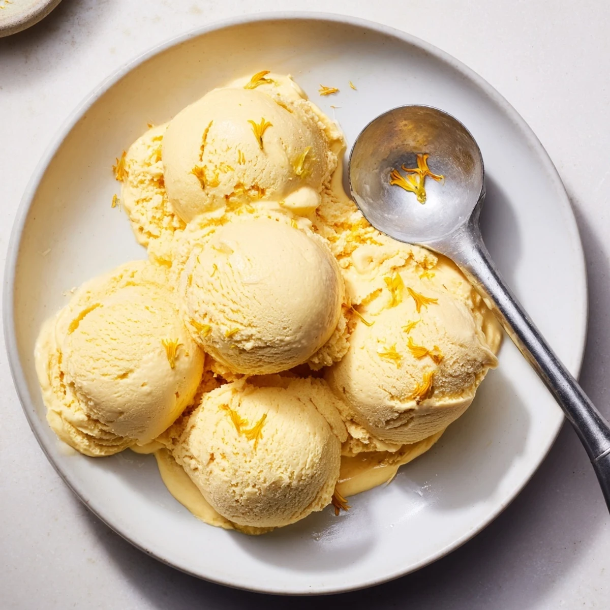 Creamy dandelion honey ice cream scooped into a bowl with golden honey drizzle topping