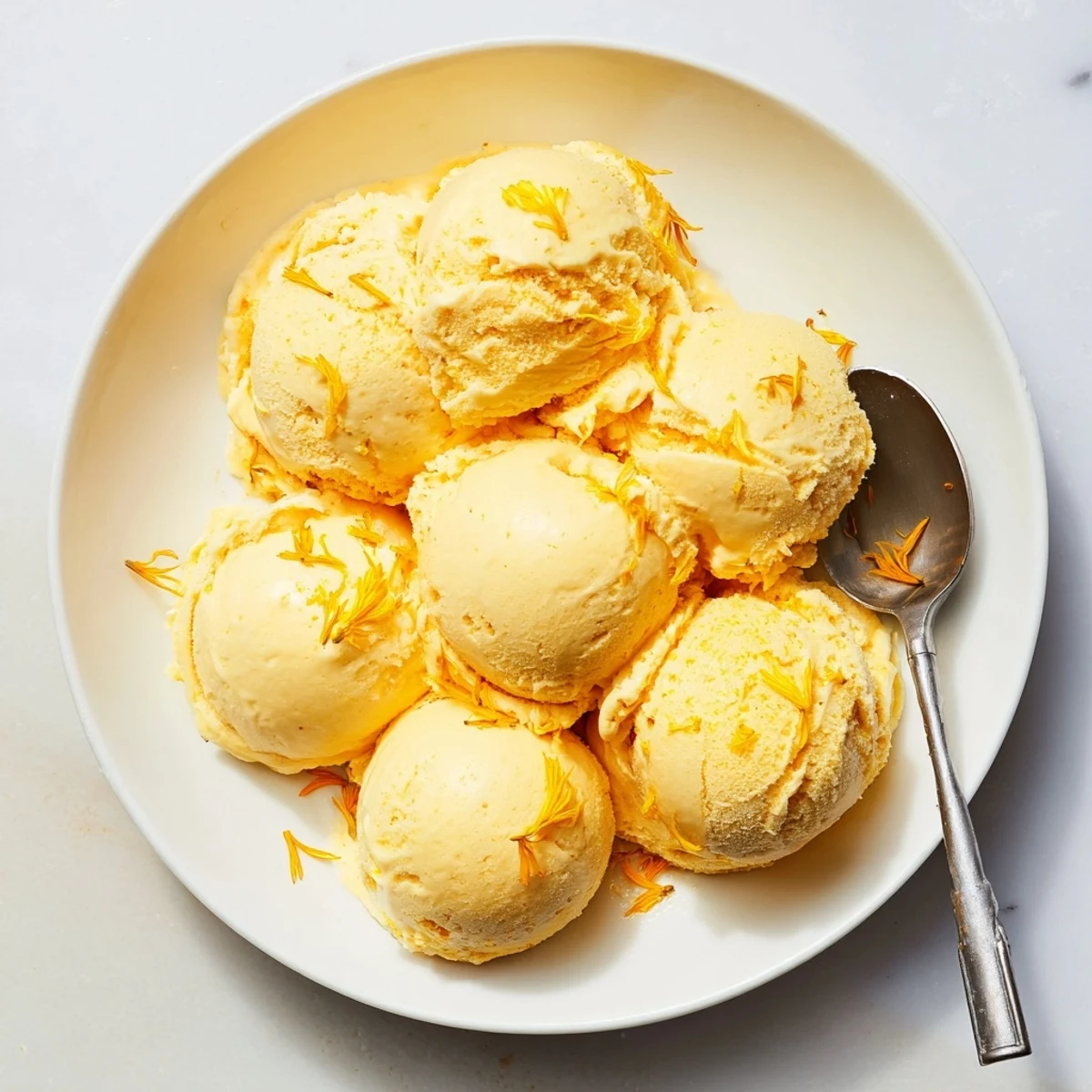 Golden scoops of floral dandelion honey ice cream served in a vintage glass bowl