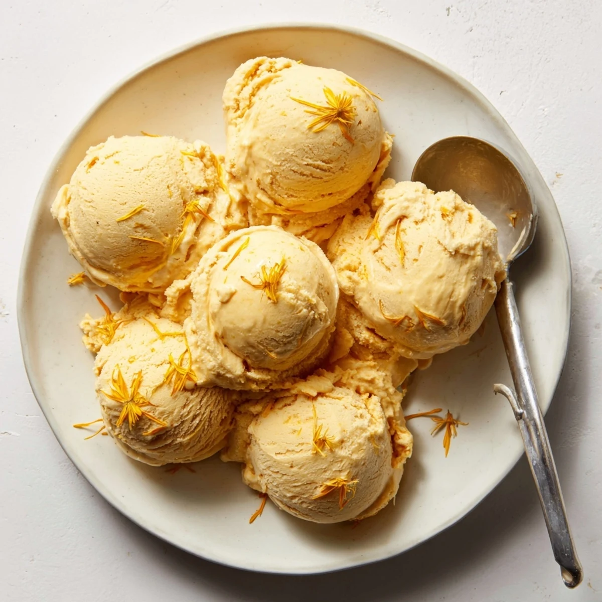 Homemade dandelion honey ice cream with fresh yellow petals garnish on white dessert plate