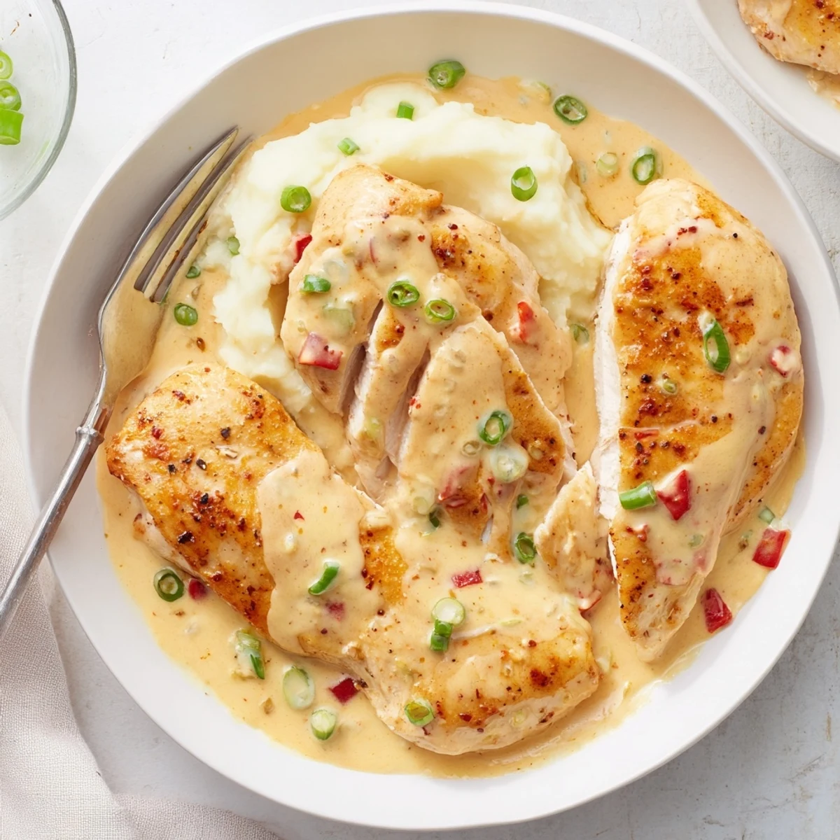 Mississippi Mud Chicken with creamy, savory sauce spooned over buttery mashed potatoes