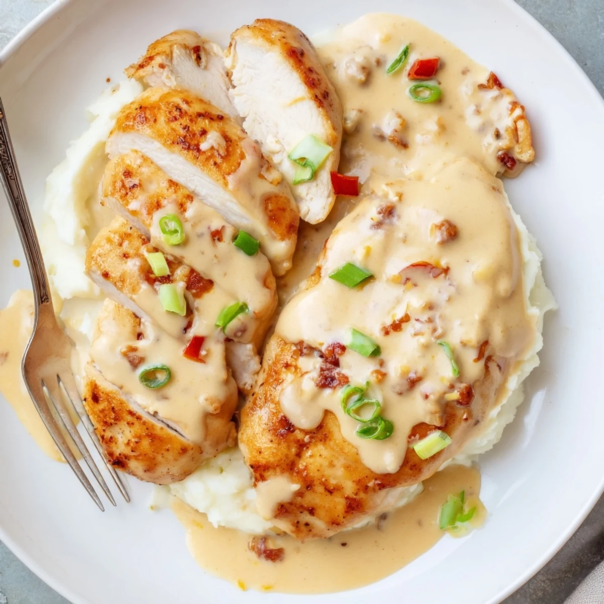 Smoky Mississippi Mud Chicken garnished with green onions, served alongside warm cornbread