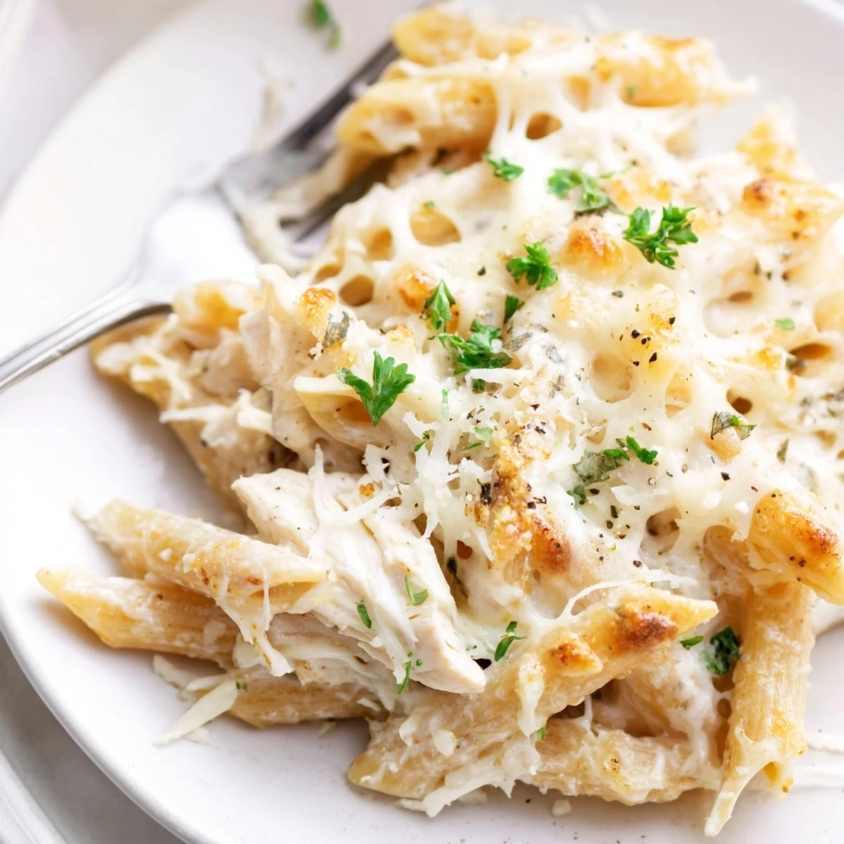 Creamy Chicken Alfredo Bake With Mozzarella Crust bubbling golden, served with parsley