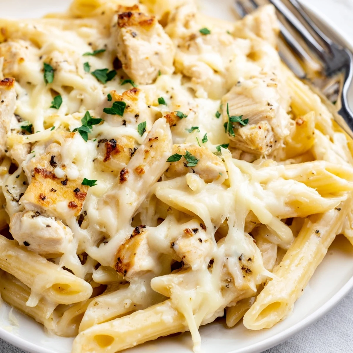 Warm Creamy Chicken Alfredo Bake With Mozzarella Crust, paired with garlic bread