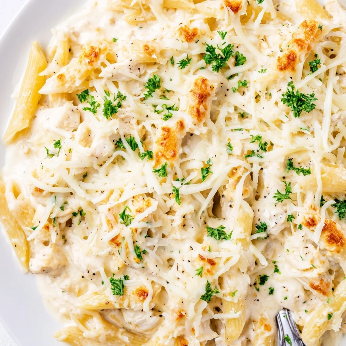 Slice of Creamy Chicken Alfredo Bake With Mozzarella Crust fork tender and steaming