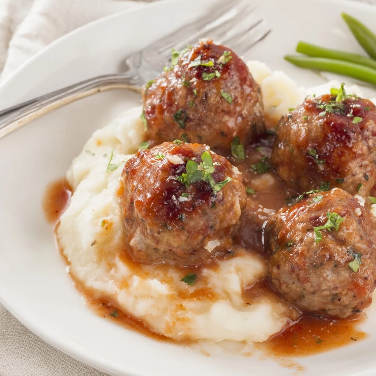 Crockpot Meatballs Gravy over creamy mashed potatoes, steam rising, rich aroma.