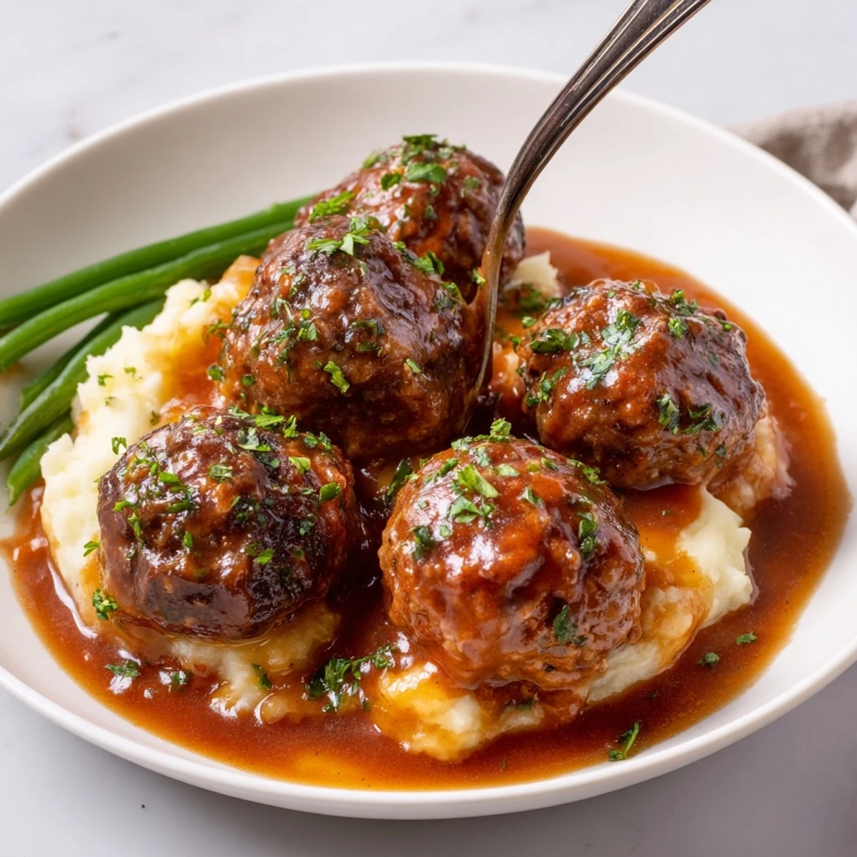 Slow simmered Crockpot Meatballs Gravy coated in glossy brown sauce, fork ready bites.