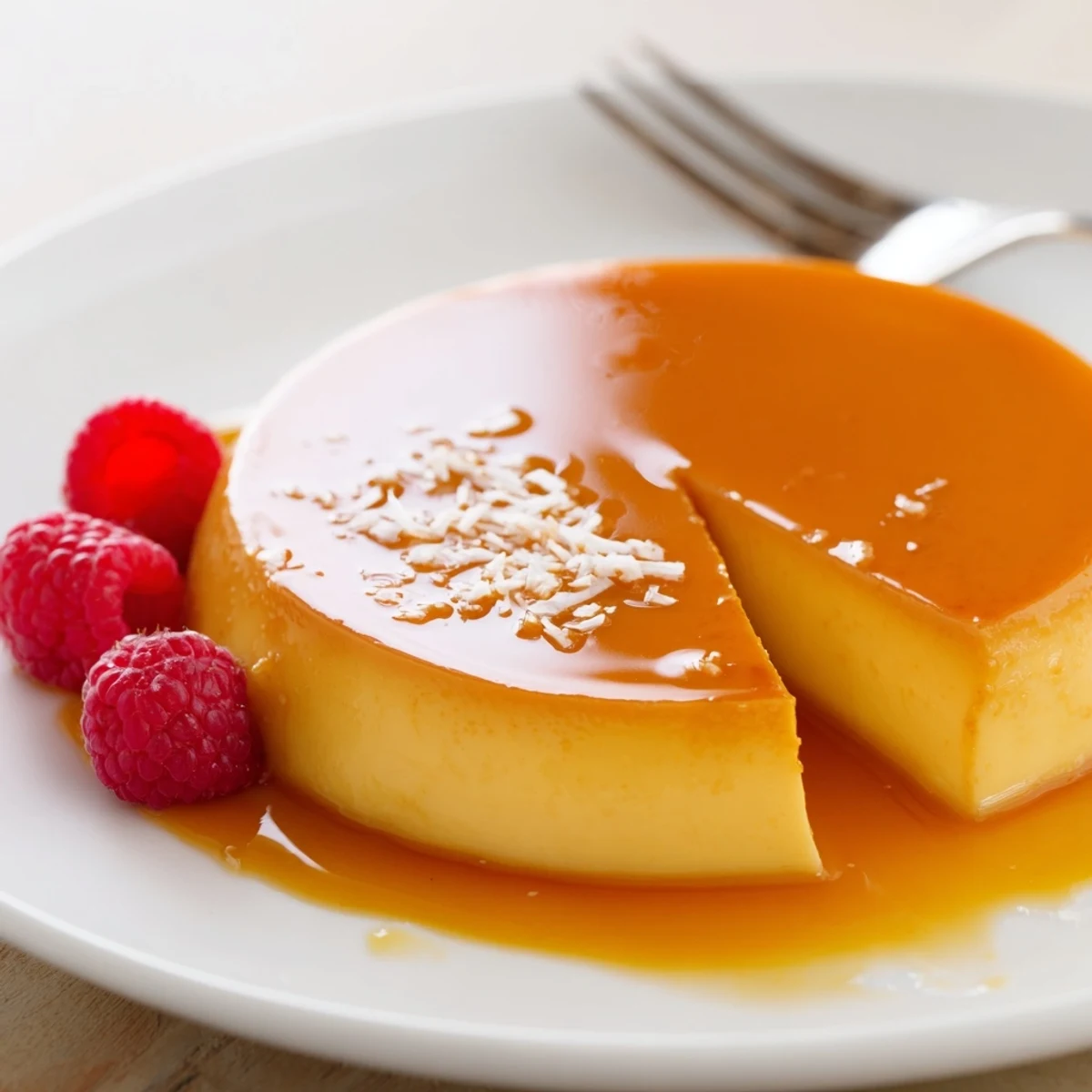 Homemade Flan Napolitano recipe chilled after baking, caramel pooling around creamy slice