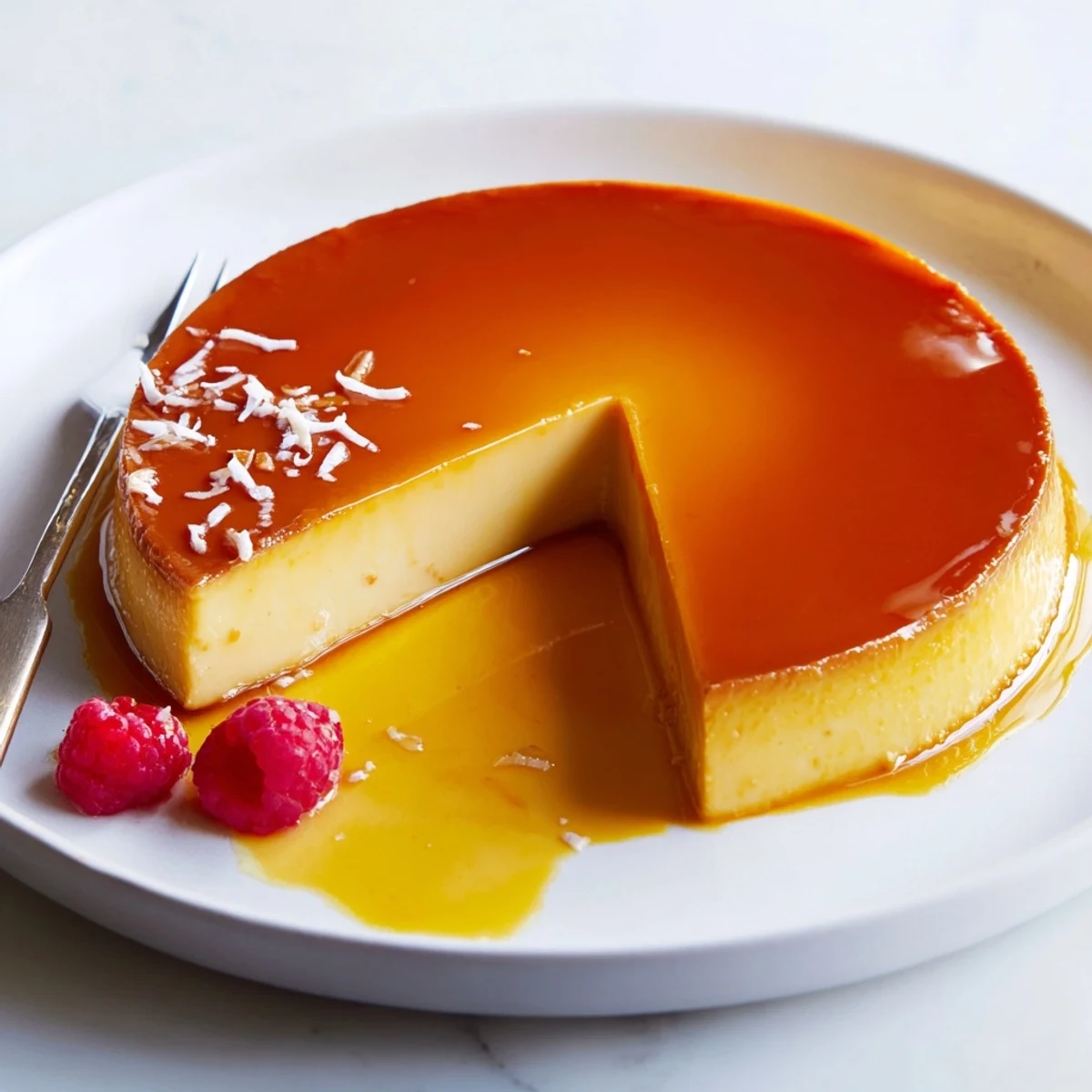 Flan Napolitano with glossy caramel, silky custard, slice served on white plate
