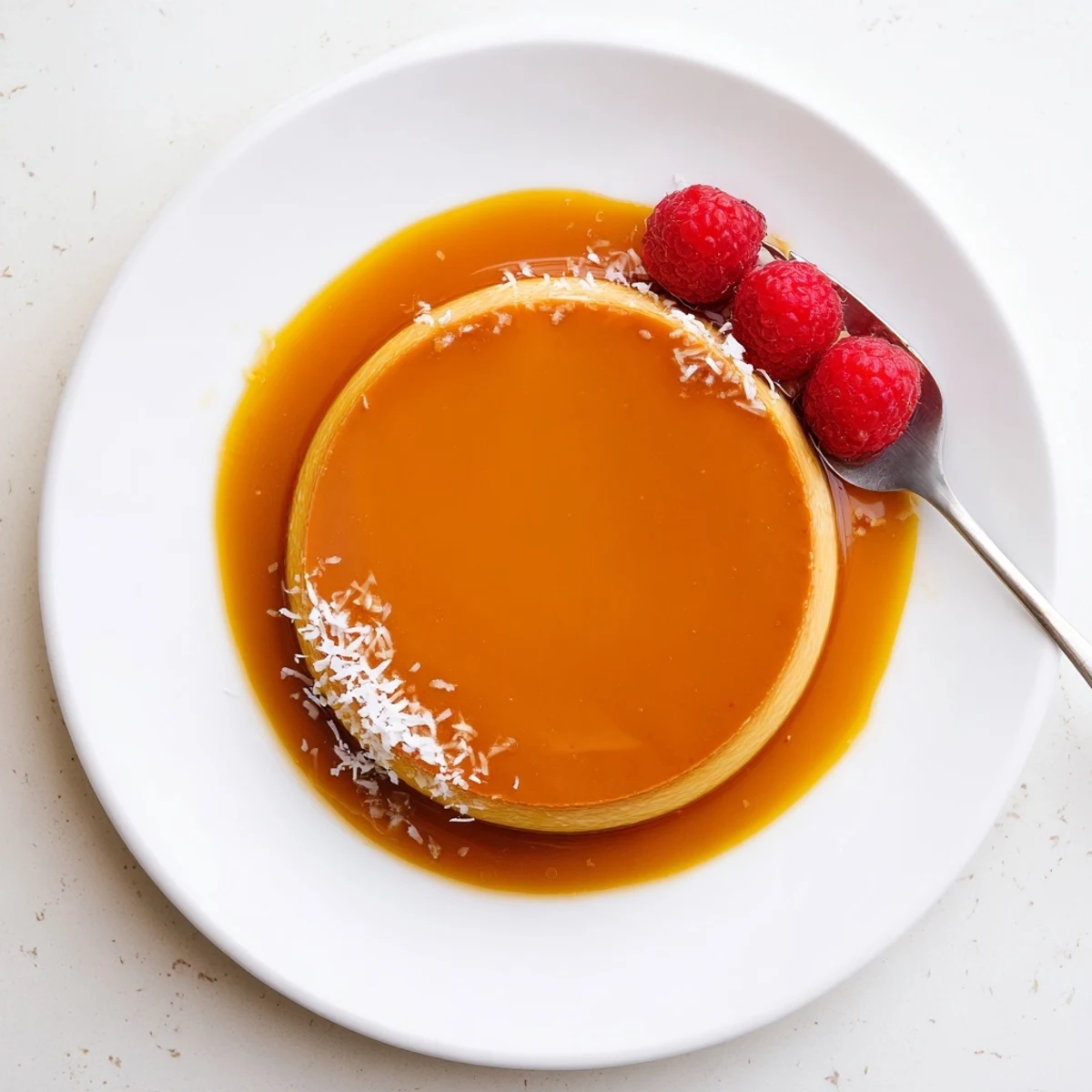 Classic Flan Napolitano topped with amber caramel, orange zest and coffee nearby