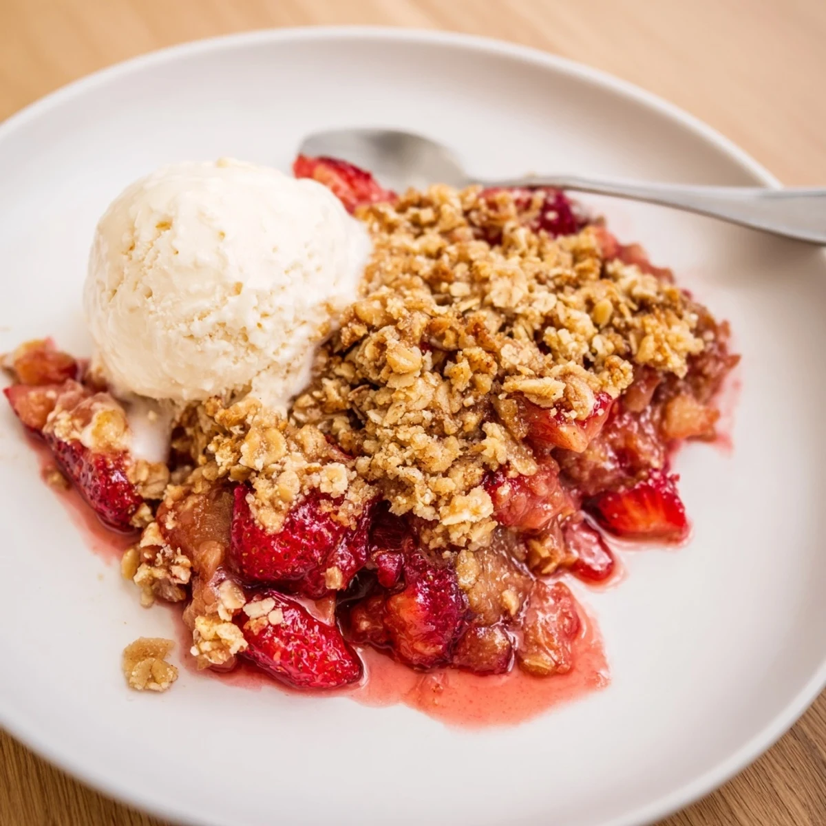Warm Strawberry Rhubarb Crisp Recipe bubbling with tart fruit, golden oat topping