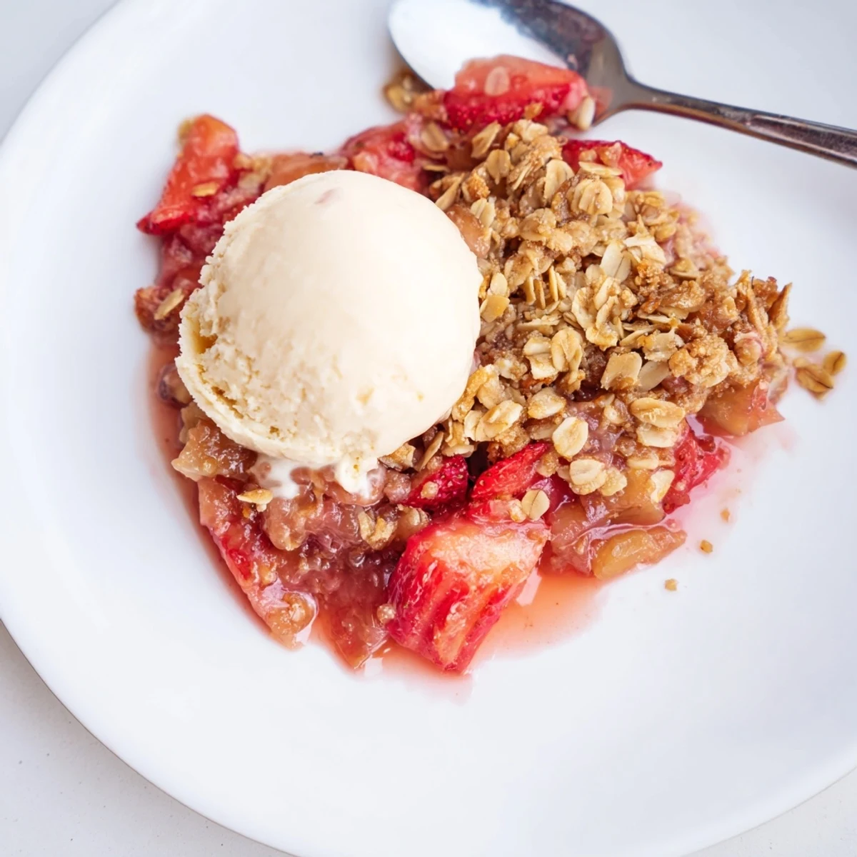 Slice of Strawberry Rhubarb Crisp Recipe served warm with melting vanilla ice cream