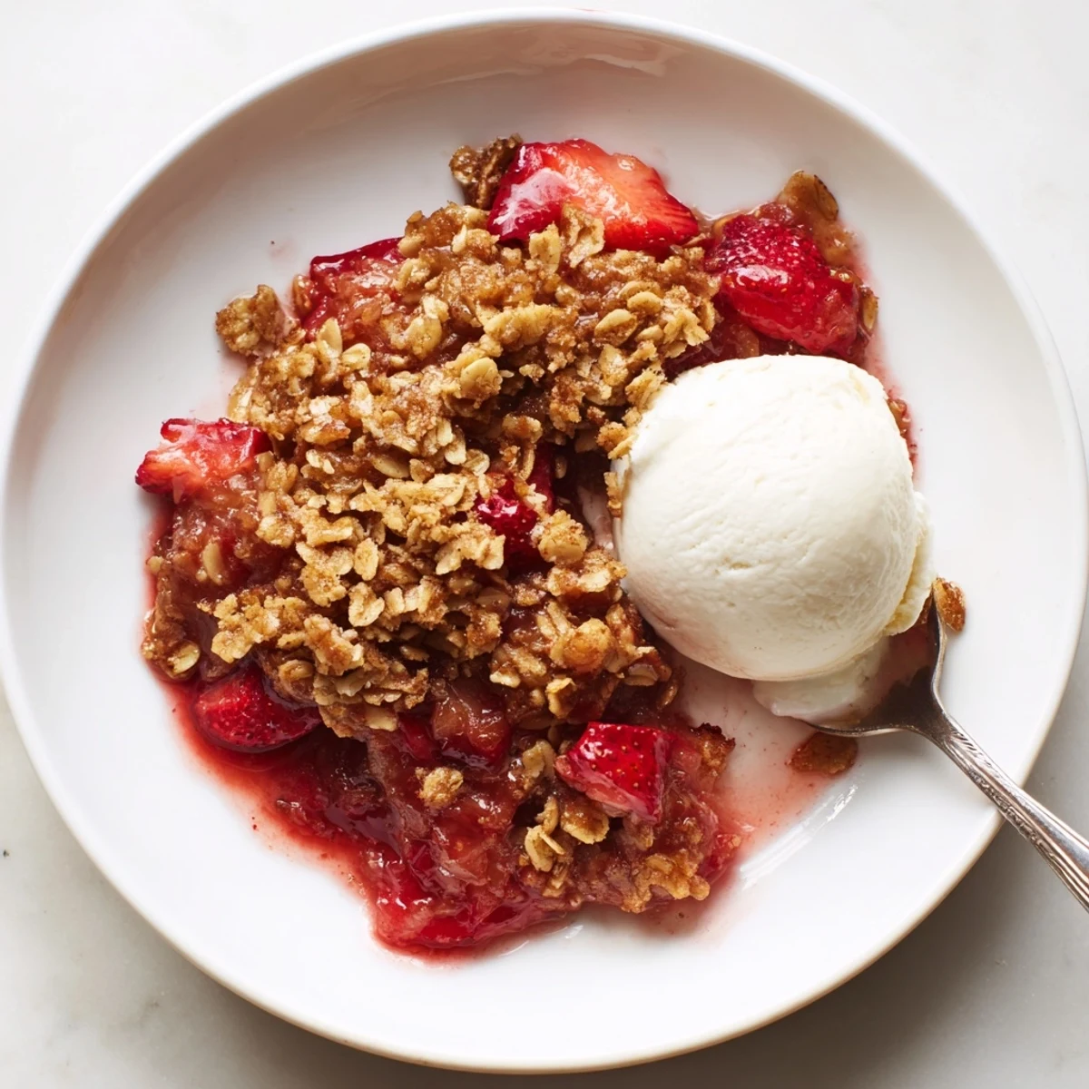 Fresh Strawberry Rhubarb Crisp Recipe topped with crunchy oat crumble, ready to serve
