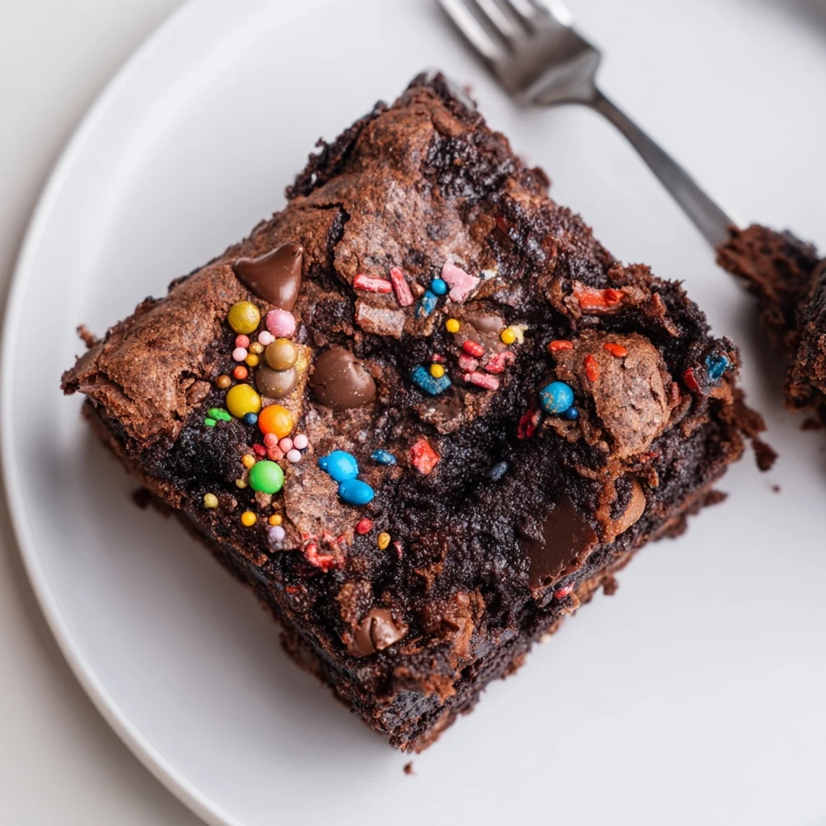 Sourdough Cosmic Chocolate Brownies cooling in pan, fudgy centers and rainbow sprinkles