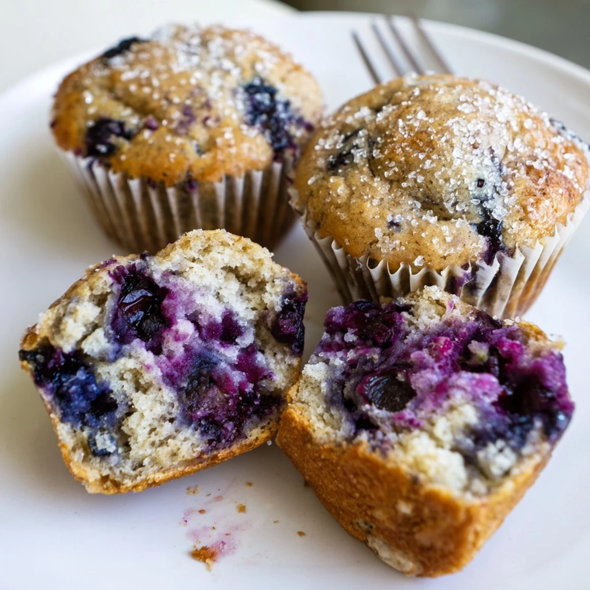 Warm Blueberry Banana Muffins steaming beside a pat of butter on a wire rack.
