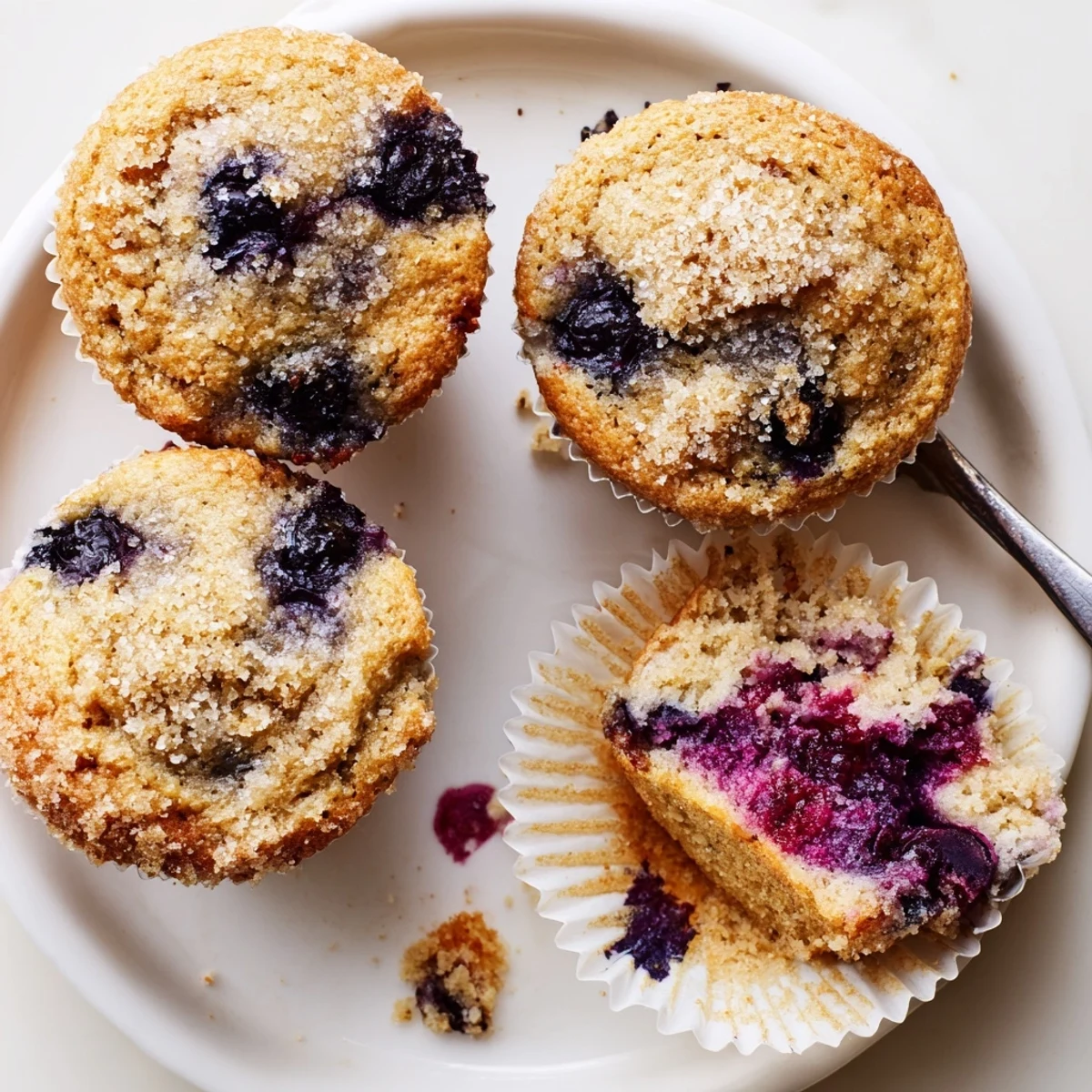 Breakfast tray holding Blueberry Banana Muffins sprinkled with cinnamon sugar.