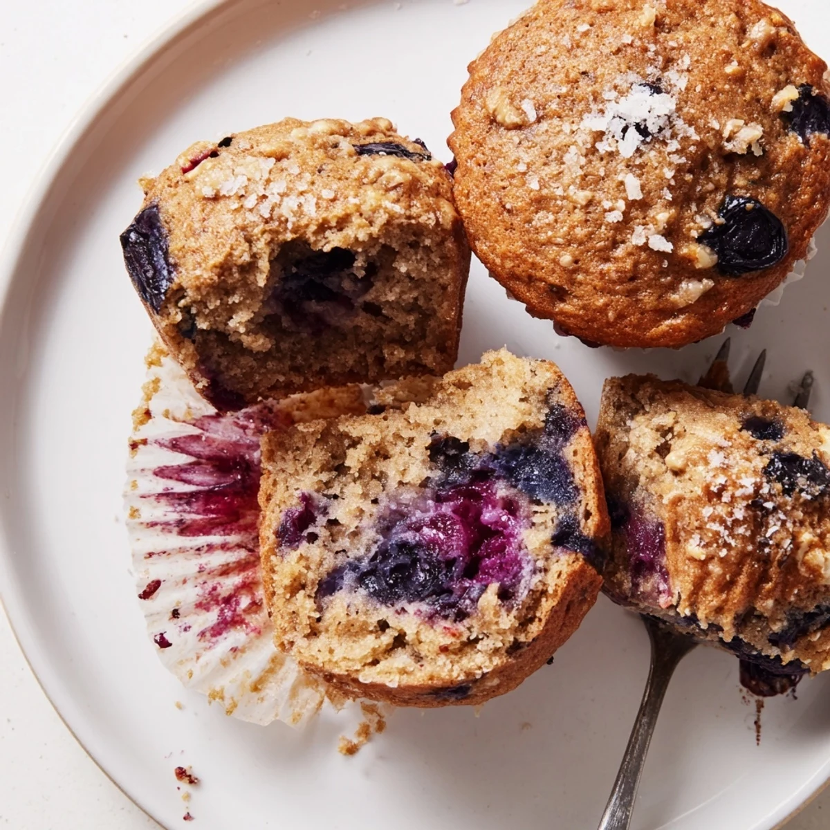 Close-up of moist Blueberry Banana Muffins studded with juicy berries.