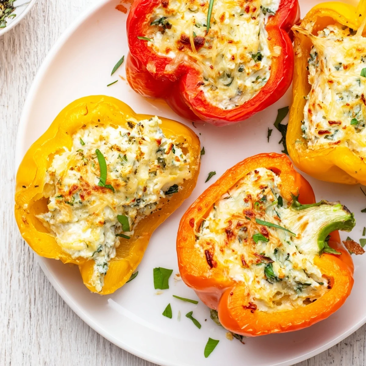 Herby Ricotta Stuffed Peppers glistening with melted cheese, baked golden and aromatic