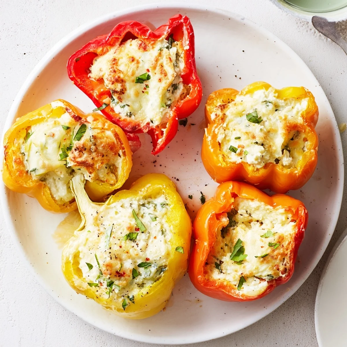 Warm Herby Ricotta Stuffed Peppers nestled on plate, garnished with fresh basil