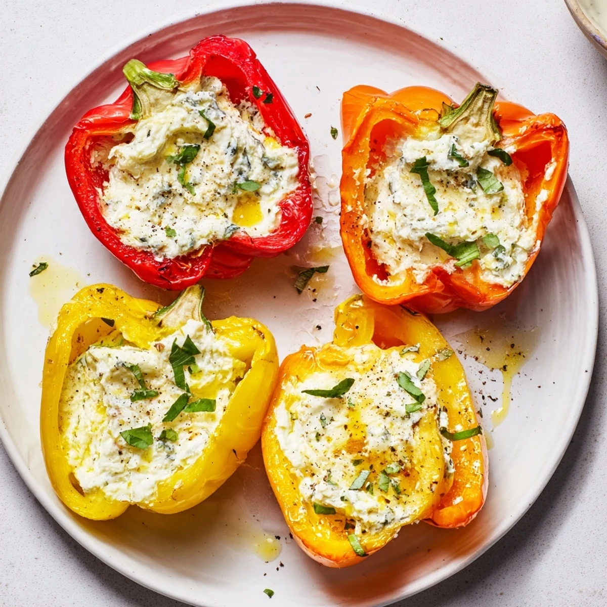 Oven-roasted Herby Ricotta Stuffed Peppers topped with lemon zest and chives