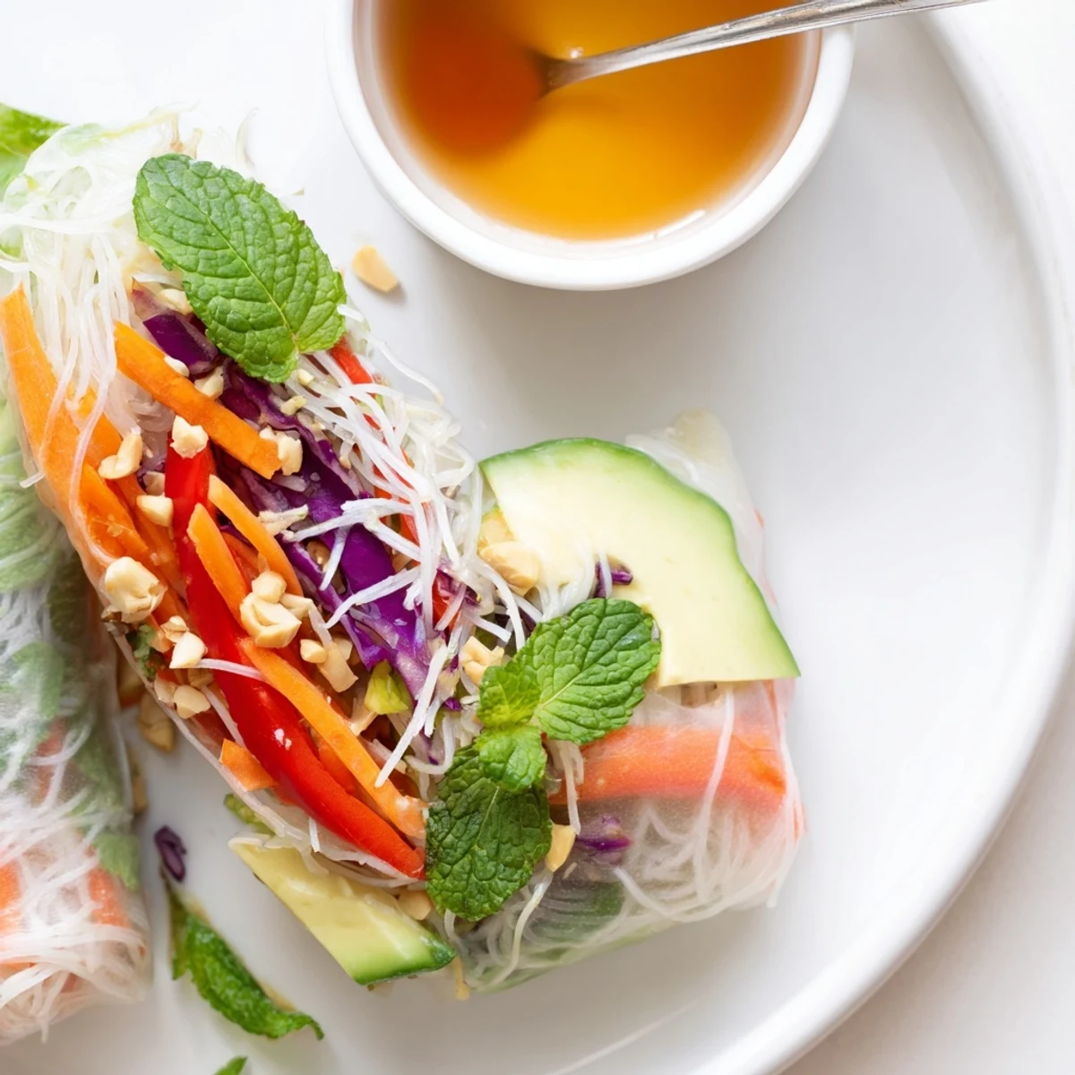 Gluten Free Vegetable Spring Rolls filled with colorful julienned vegetables and herbs