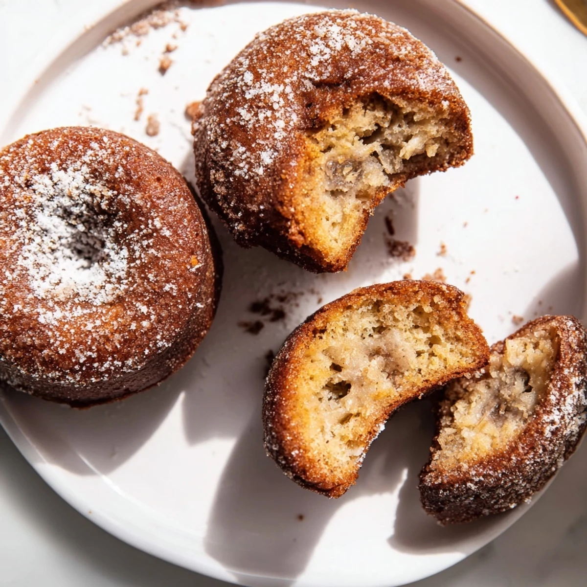 Hand breaks warm Banana Donuts open, tender crumb, ripe banana aroma rising
