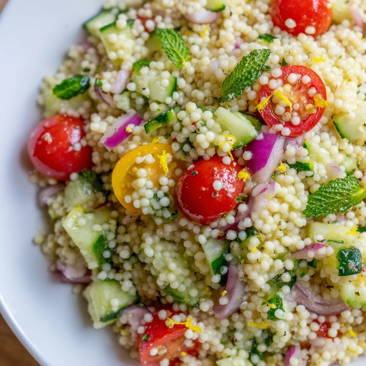 Bright Cucumber Lemon Couscous Salad tossed with olive oil dressing and fresh mint