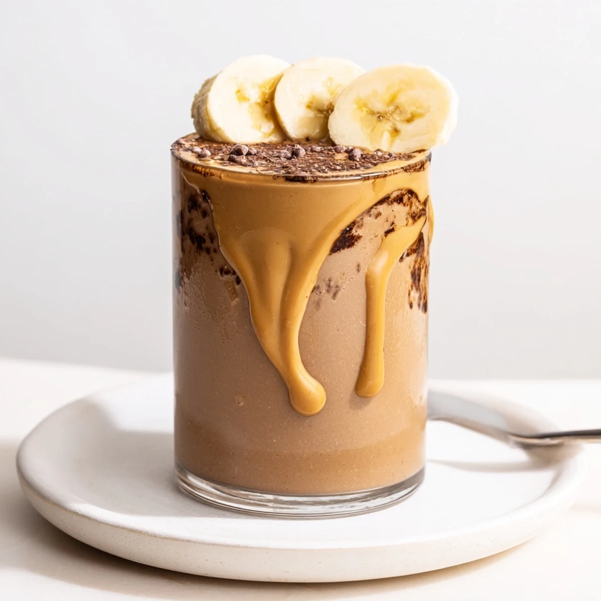 Chocolate Peanut Butter Banana smoothie in a glass, creamy, topped with banana slice