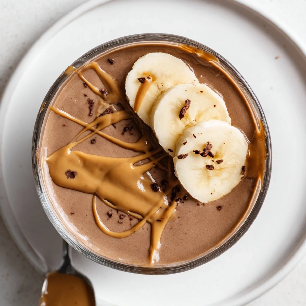 Creamy Chocolate Peanut Butter Banana breakfast shake blended with frozen banana and ice
