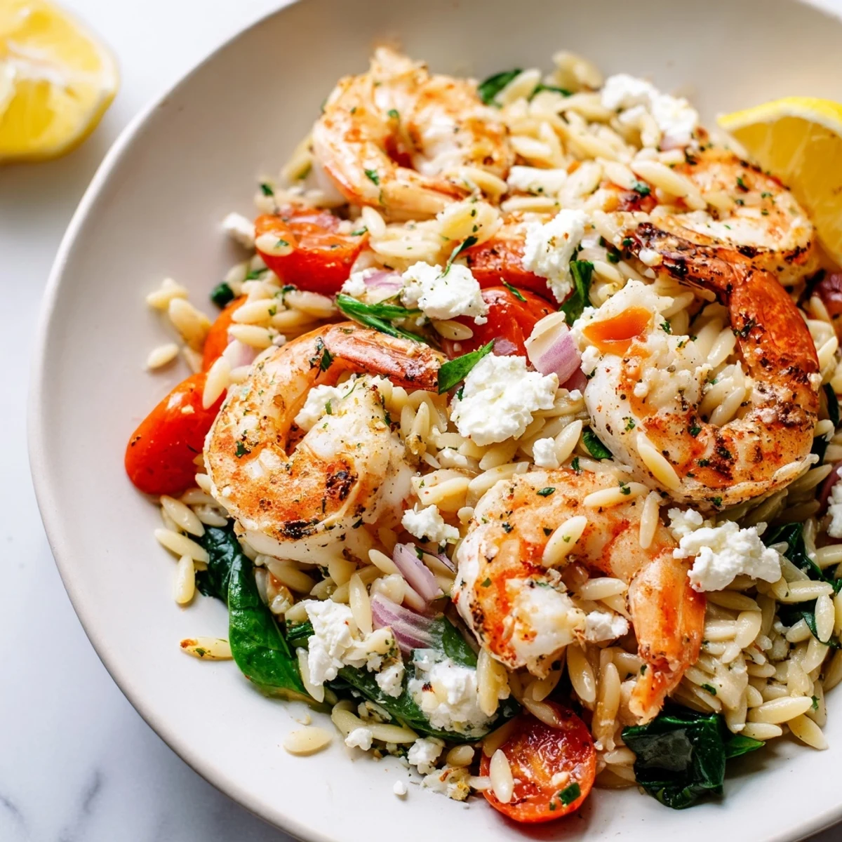 Lemon Feta Orzo Shrimp Recipe: golden shrimp tossed with tangy feta and lemon