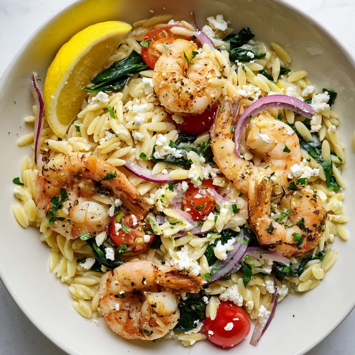 Weeknight Lemon Feta Orzo Shrimp Recipe served warm with lemon wedges