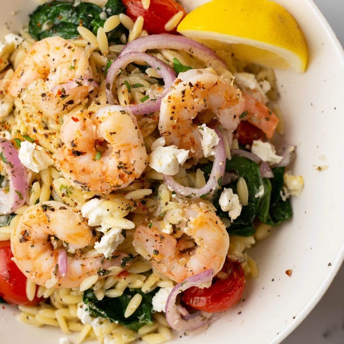 A bowl of Lemon Feta Orzo Shrimp Recipe, bright tomatoes and parsley