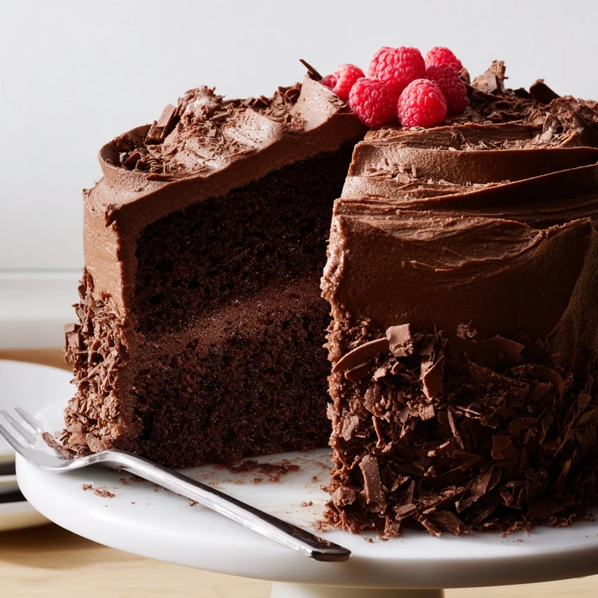 Single slice of Chocolate Cake Recipe showing moist crumb and velvety frosting