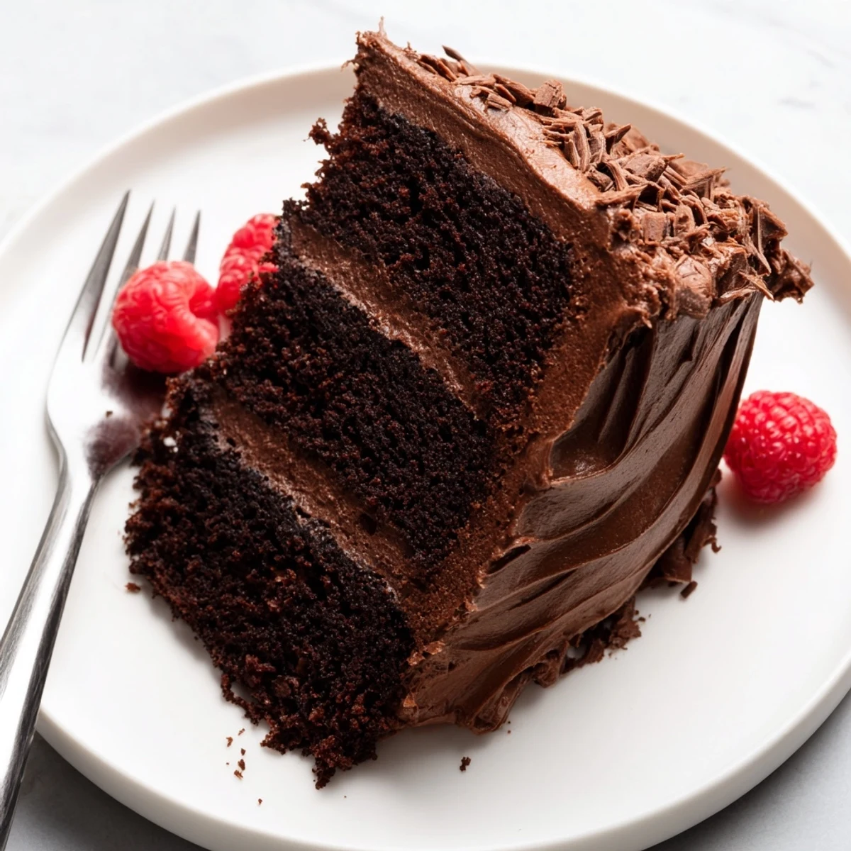 Homemade Chocolate Cake Recipe served on white plate, topped with fresh strawberries
