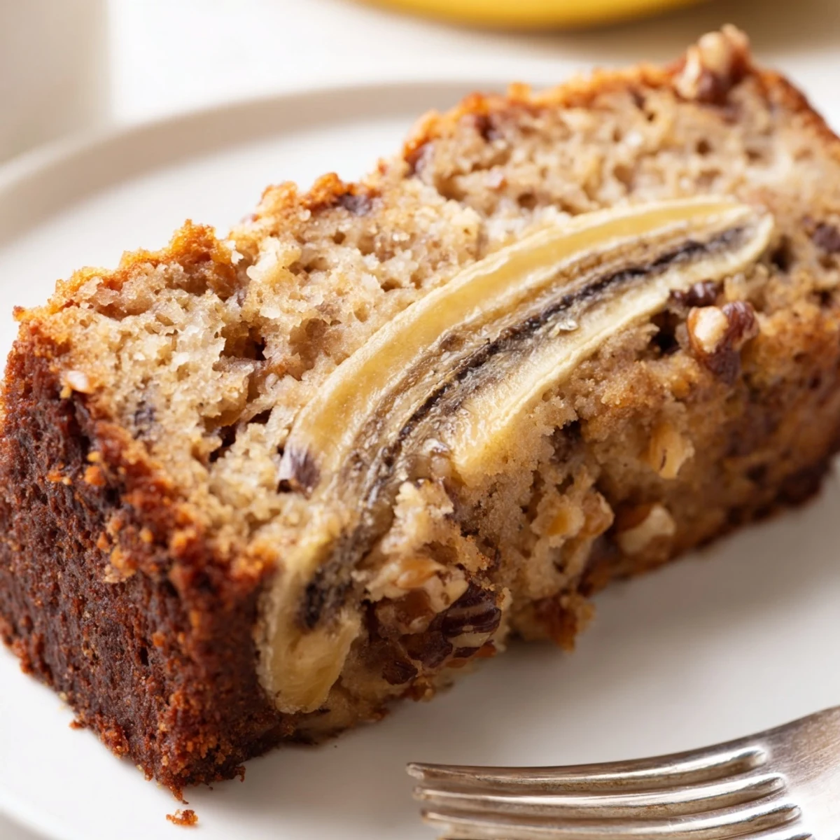 Slice of Moist Banana Cake plated with cream cheese frosting and coffee.