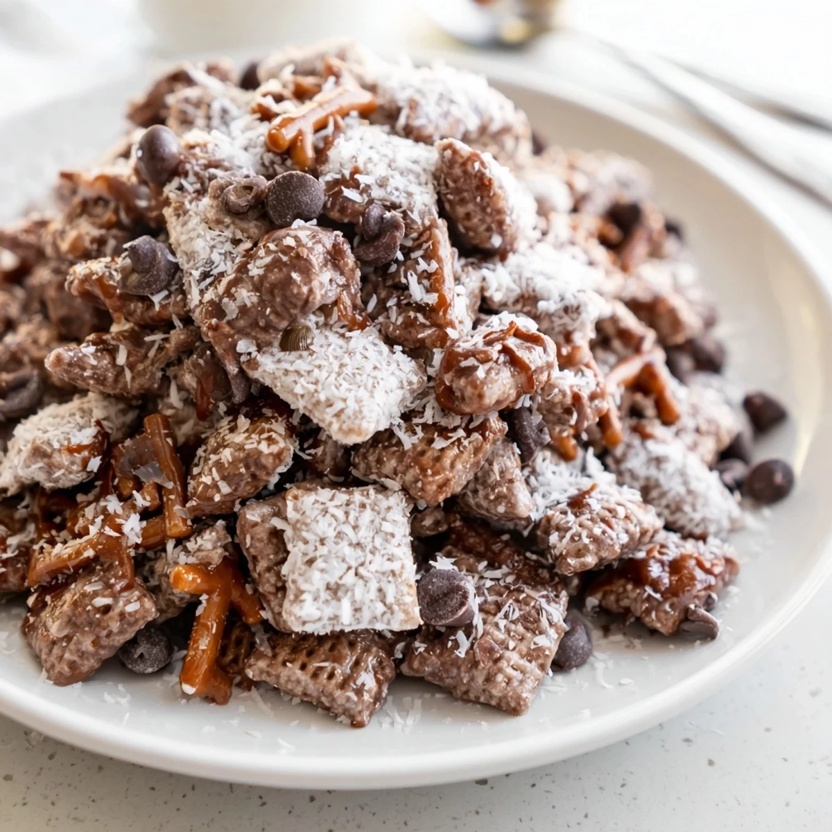 Samoas Puppy Chow Cereal piled in bowl, crunchy chocolate caramel and toasted coconut