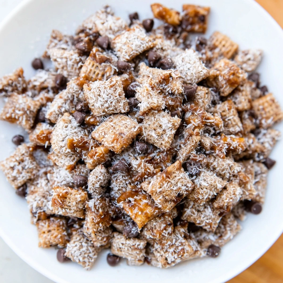 A close-up of Samoas Puppy Chow Cereal cooling on parchment, powdered sugar dusted