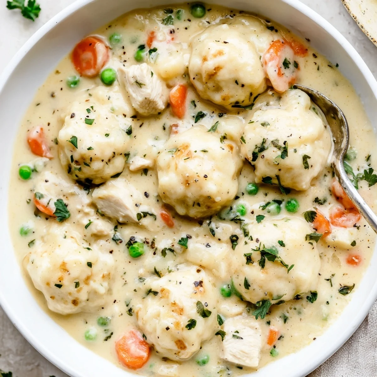 One Pot Chicken And Dumplings bubbling in a Dutch oven, steam rising